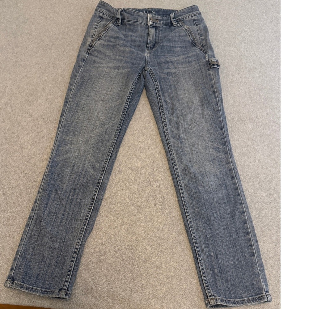 White House Black Market The Slim Ankle Jeans Blue Petite 0P Beaded Utility Trim